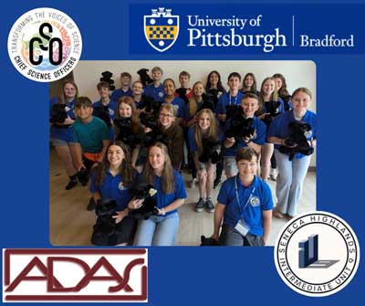 Students holding black stuffed animals surrounded by ADAS, Seneca Highlands 9 Intermediate unit, CSO, and University of Pittsburgh Bradford logos