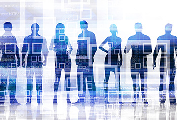 Silhouettes of men and women with technology symbols overlaid